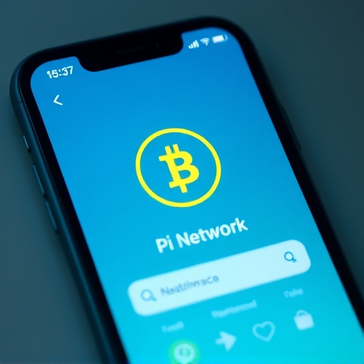 Close-up of smartphone screen showing Pi Network app with glowing coin icon and mining graphics in blue-green tones for Pi Network mining guide