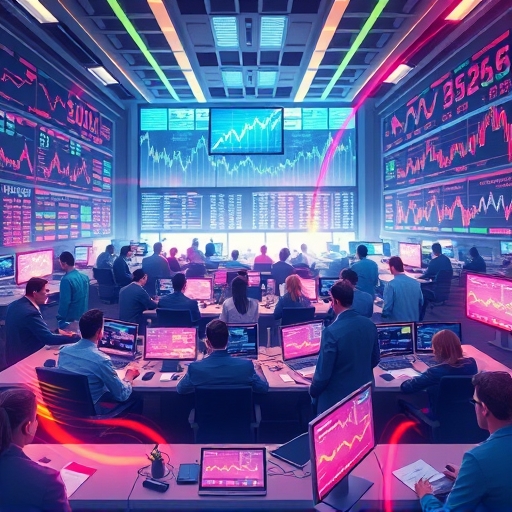 Busy trading floor illustration showing diverse investors using advanced crypto exchange tools for US markets