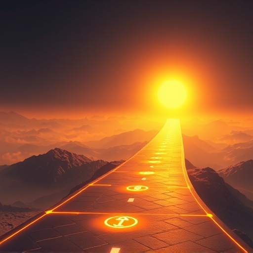 Illustration of a digital roadmap featuring glowing altcoin symbols guiding investors toward a prosperous 2026 crypto horizon