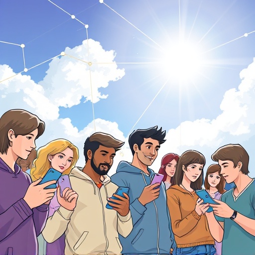 Illustration of a diverse group of people holding smartphones engaged in Pi Network mobile mining with network connections and optimistic sky