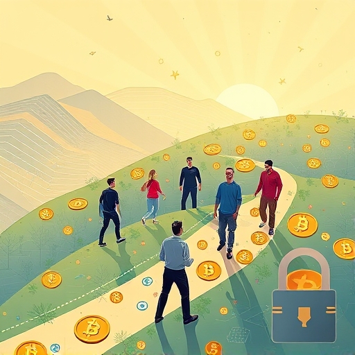 Illustration of a diverse group of people safely navigating a digital landscape filled with cryptocurrency symbols, emphasizing secure crypto exchange selection