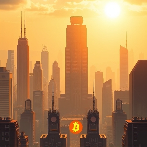 Futuristic cityscape with Bitcoin symbol representing Bitcoin price prediction 2026 growth and prosperity
