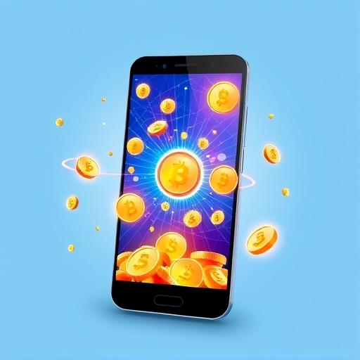 Illustration of a smartphone screen displaying a vibrant cryptocurrency mining app interface with glowing digital coins and abstract network connections radiating outwards on a clean, light blue background