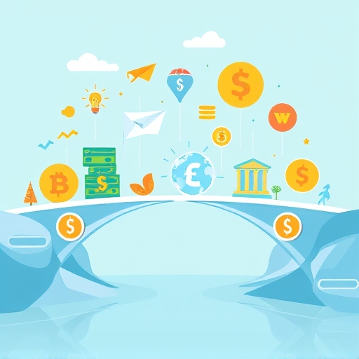 Stylized bridge illustration connecting traditional finance to Web3 with CRO token in Cronos ecosystem