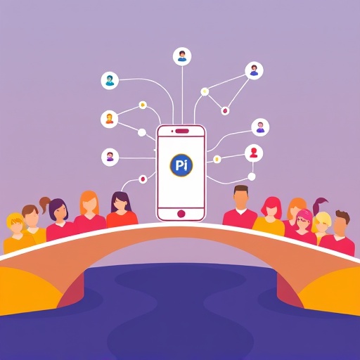 Stylized digital bridge linking mobile phone to Pi Network user avatars illustrating ecosystem growth and mainnet migration