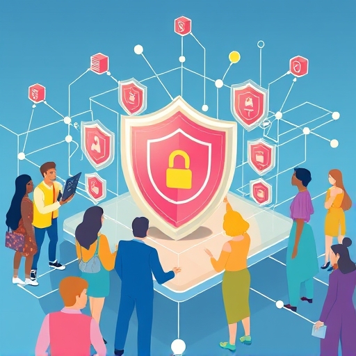 Stylized illustration of Crypto.com users with secure data protection shields during KYC verification
