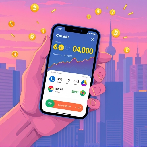 Vibrant illustration of a hand holding a smartphone displaying a crypto exchange interface with altcoin icons, highlighting best crypto exchanges for mobile trading