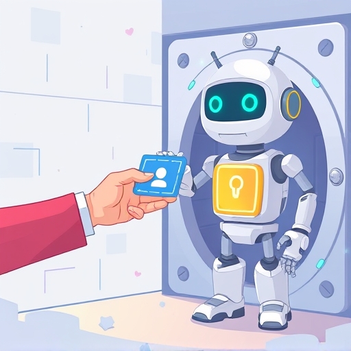 Whimsical illustration of Crypto.com KYC process showing user handing glowing digital ID to secure crypto platform