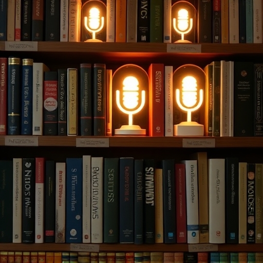 Bookshelf of glowing podcast icons representing top crypto learning resources and community knowledge