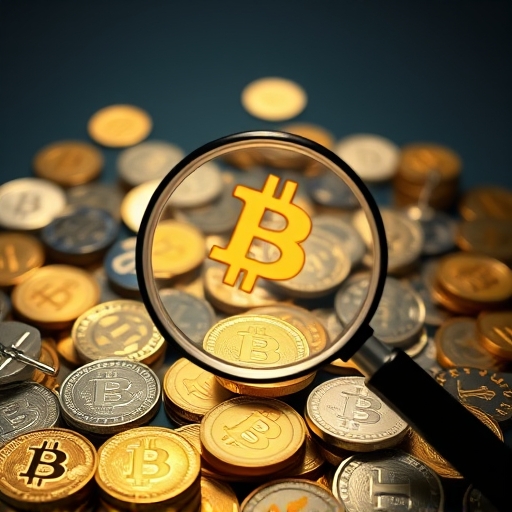 a magnifying glass hovering over a scattering of crypto coins illuminating both legitimate and counterfeit symbols with a warning aura for spotting scams
