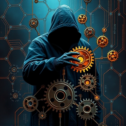 a shadowy figure manipulating a complex blockchain network with intertwined gears and data streams injecting corrupt elements in crypto scams