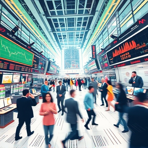 Stylized illustration of stock market transitioning to bustling cryptocurrency trading floor with dynamic price movements and energetic trader activity
