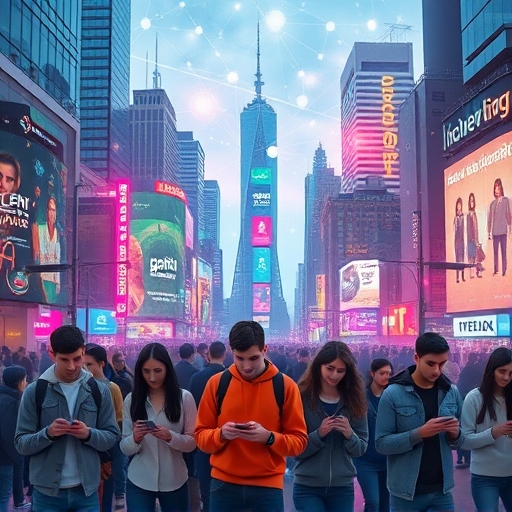 a vibrant cityscape with interconnected digital elements and a diverse group of young people interacting with their mobile devices representing Gen Z innovation in open-source crypto wallets