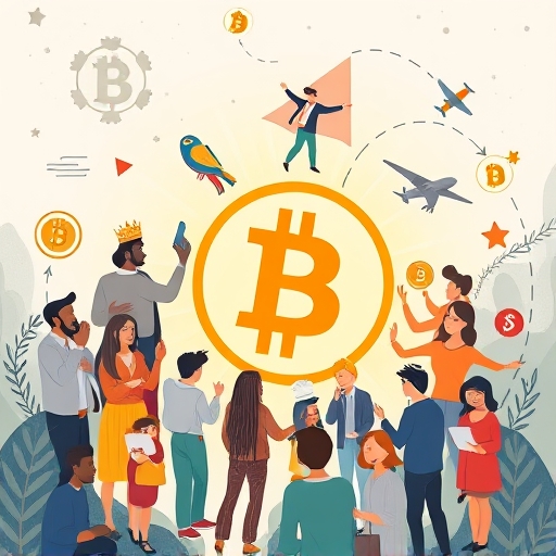 Whimsical illustration of diverse professionals around Bitcoin symbol highlighting institutional adoption and network effects