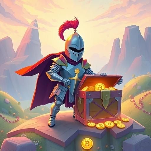 A whimsical illustration of a digital wallet personified as a knight guarding a treasure chest on a blockchain landscape, representing DeFi wallet security and financial sovereignty
