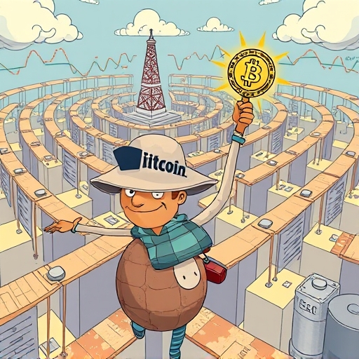 Adventurous character navigating financial charts and regulations with Bitcoin beacon symbolizing resilience and survival