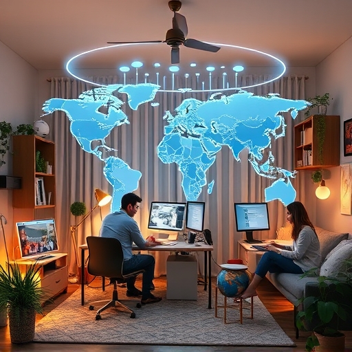 Energetic scene of a global remote team in blockchain companies interacting through holographic interfaces from diverse home offices highlighting remote-first culture