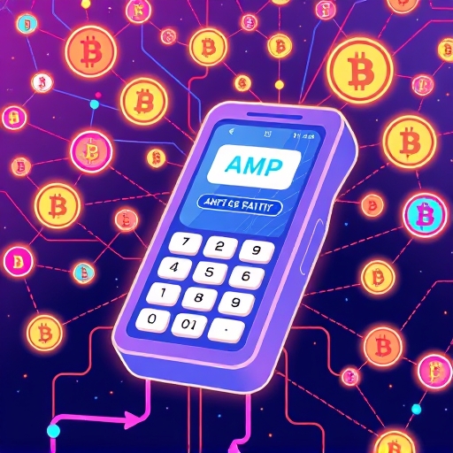 illustration depicting a digital payment terminal integrated with a vibrant network of crypto symbols AMP tokens are depicted as collateral securing the transaction process with a hopeful and futuristic color palette