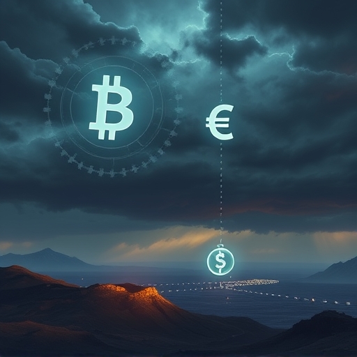 illustration of a digital frontier with glowing cryptocurrency symbols under a dark, stormy sky representing crypto scam dangers