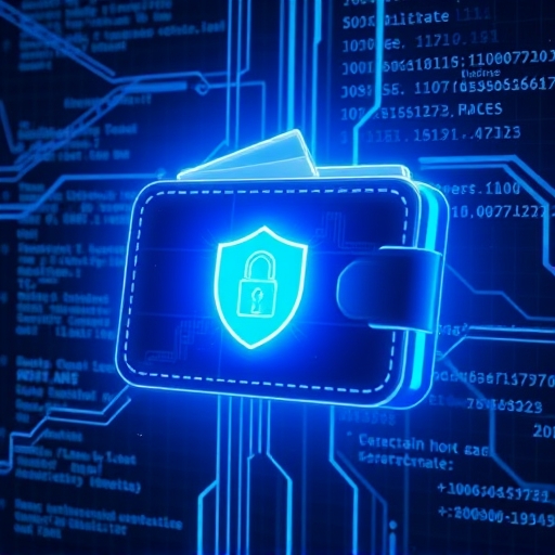 illustration of a secure digital wallet with glowing code surrounding it bathed in soft blue light symbolizing transparency and trust in open-source crypto wallets