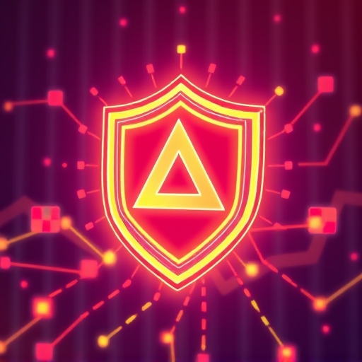 illustration of a stylized digital shield made of interconnected glowing blocks representing AMP tokens safeguarding a seamless transaction flow with a subtle blockchain background in warm vibrant tones