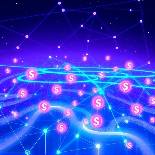 Vibrant digital asset landscape illustration showing interconnected blockchain nodes and glowing cryptocurrency symbols in a futuristic crypto trading environment