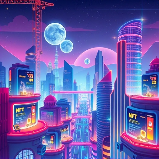 Vibrant futuristic Solana blockchain cityscape with glowing NFT assets and gaming interfaces on mobile devices
