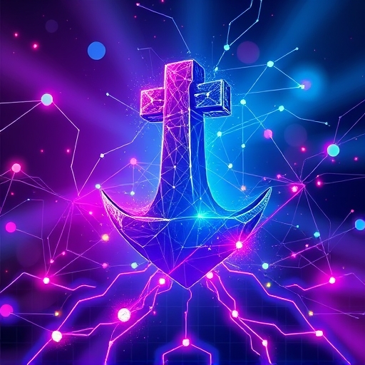 illustration of an anvil shape merging with a blockchain network creating new pathways for digital assets with a dynamic energetic atmosphere and bright contrasting colors