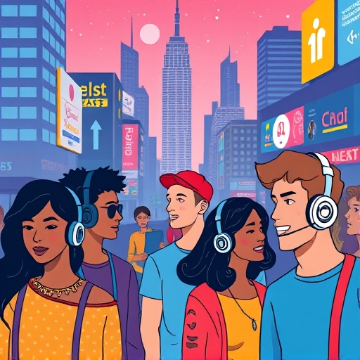 Diverse people listening to cryptocurrency podcasts on headphones in a vibrant crypto market scene
