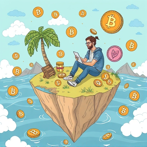 Whimsical depiction of a skilled developer coding smart contracts in a16z-funded crypto startups on a floating island with digital currency symbols and secure blockchain infrastructure