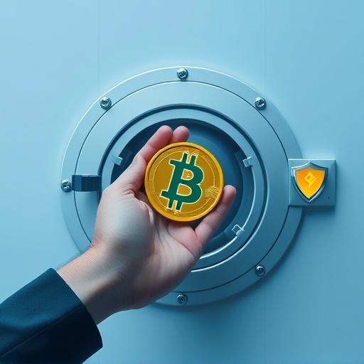 Serene overhead view of a secure cryptocurrency vault in top crypto apps emphasizing safety and protection