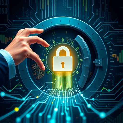 Abstract illustration of trader's hands managing data streams into secure vault for crypto prop trading risk management