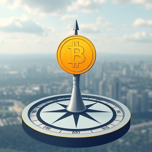 Conceptual illustration of stylized compass with cryptocurrency coin needle guiding traders to success in crypto prop trading opportunities