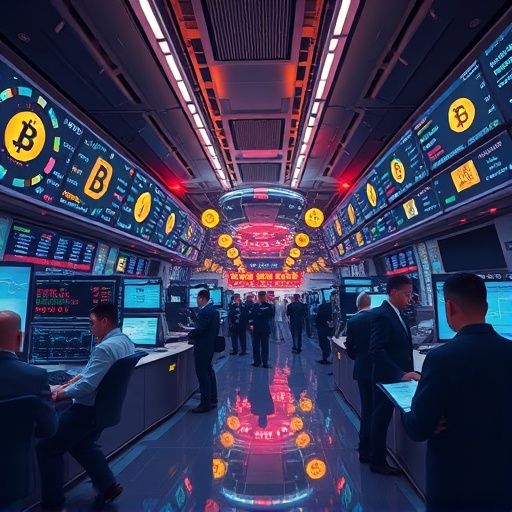 Digital art depicting a busy cryptocurrency exchange floor with advanced trading interfaces for crypto apps