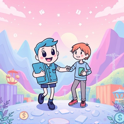 Illustration of a friendly digital wallet character guiding novice investors through cryptocurrency apps and blockchain