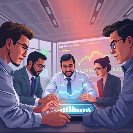 Stylized illustration of diverse crypto prop traders analyzing glowing cryptocurrency charts on futuristic interfaces in a modern office