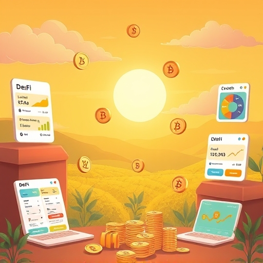 a colorful illustration of various DeFi applications like lending borrowing and yield farming interfaces with WBTC tokens actively circulating between them under a warm golden sky