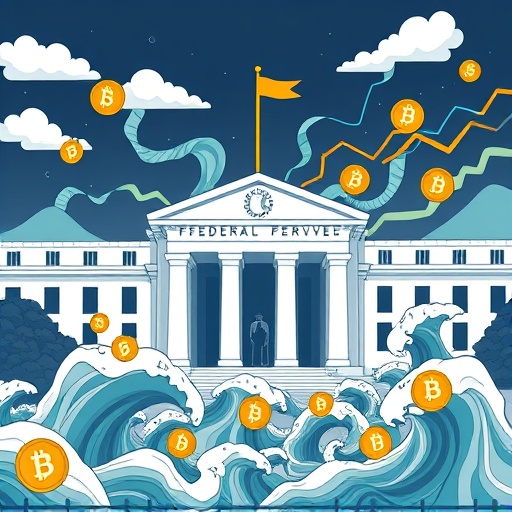 Stylized illustration of the Federal Reserve building with liquidity streams turning into Bitcoin symbols amid inflation waves in a dynamic financial landscape