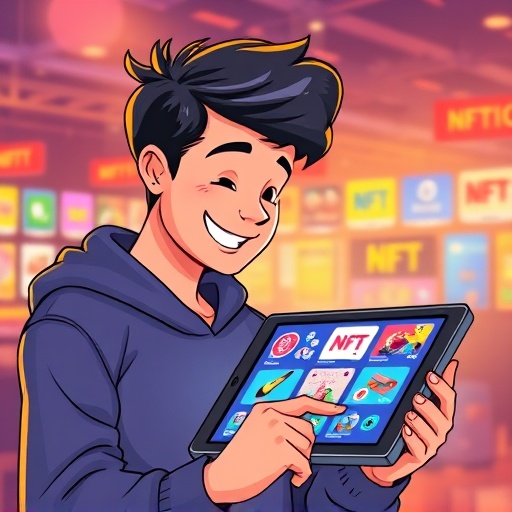 User-friendly NFT wallet for OpenSea: stylized illustration of a collector interacting with vibrant digital marketplace displaying colorful NFTs