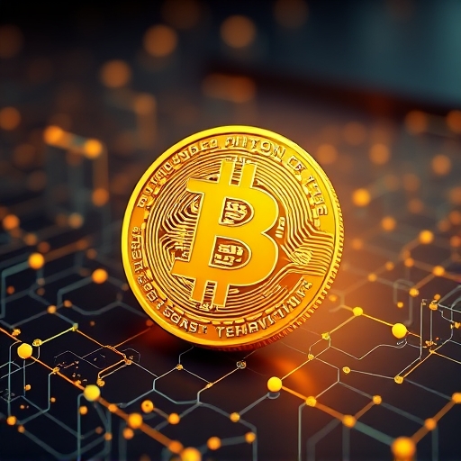 an illustration depicting the bitcoin logo seamlessly merging with the ethereum logo to form a golden token representing wrapped bitcoin on a digital blockchain backdrop with soft glowing light