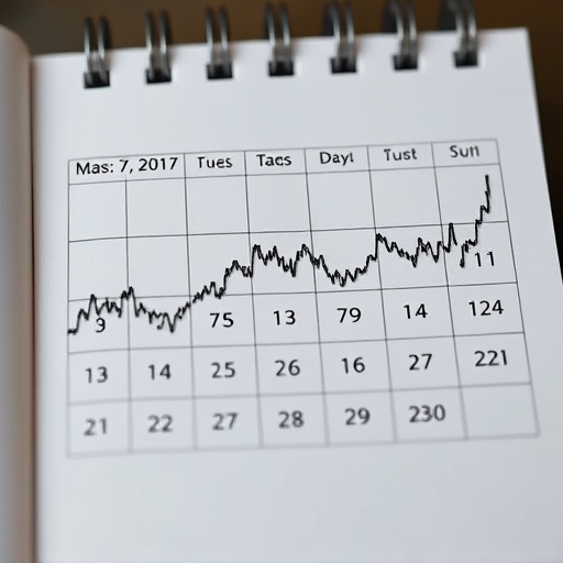 digital illustration of a calendar page showing the past seven days highlighted with fluctuating line graphs representing volatile crypto market performance