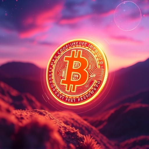 illustration of a glowing crypto coin with compounding interest effect visualized as expanding rings in a vibrant digital landscape