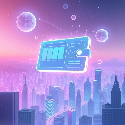 Best NFT wallet for OpenSea: glowing futuristic wallet interface floating above a digital cityscape with abstract NFT art elements