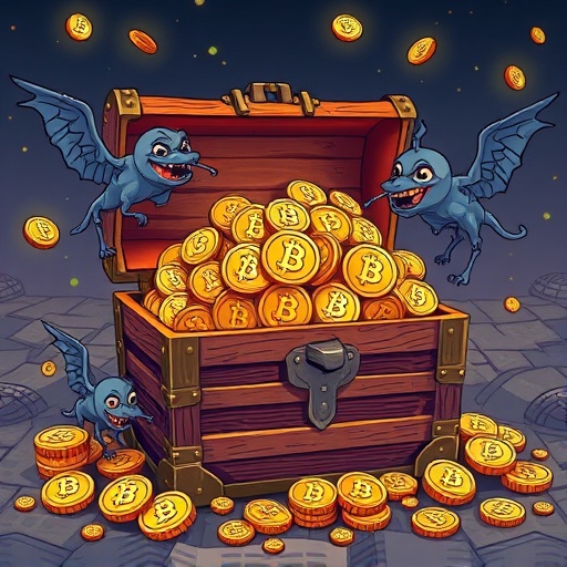 illustration of a treasure chest overflowing with crypto coins guarded by cautionary digital sirens representing smart contract risks and token inflation