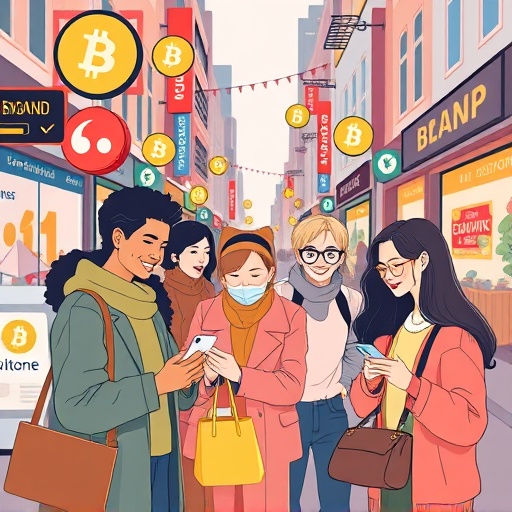 Illustration of diverse people happily using digital wallets and Bitcoin symbols to make purchases from global brands, highlighting Bitcoin payment adoption