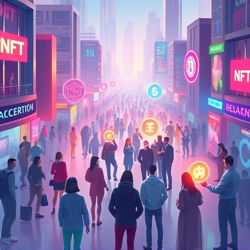 Illustration of diverse people interacting with glowing NFTs as investments in a futuristic cityscape