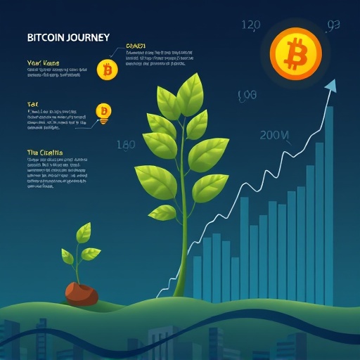 Infographic illustration of Bitcoin investment growth from small investment to substantial returns over time with charts for long-term holding strategies