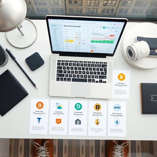 Overhead view of a modern desk setup with cryptocurrency wallet options and portfolio management tools for choosing the best crypto wallet in 2026