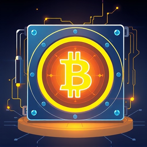 Stylized secure vault illustration protecting Bitcoin symbol, representing the safest places to buy Bitcoin with advanced security features